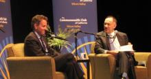 U.S. Treasury Sec. Timothy Geithner with Sequoia Capital's Michael Moritz at The Commonwealth Club in Silicon Valley Commonwealth Club Image